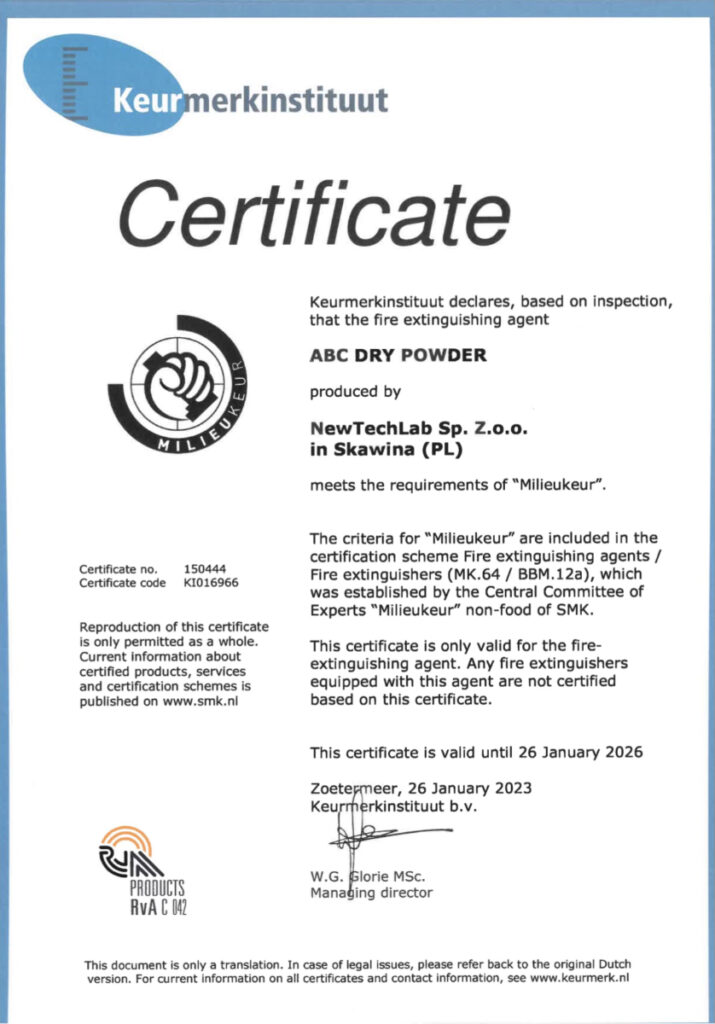 Zielony certyfikat jakości holenderskiego Keurmerk Instituut dla regenerowanego proszku gaśniczego ABC NTL30